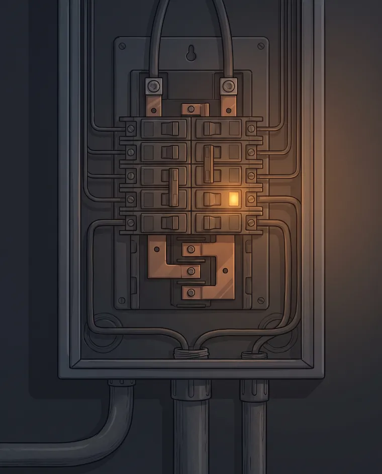 Illustrated close-up of an open electrical panel: rows of breakers, copper busbar edges, one breaker's indicator glowing warm amber, conduit entering from below