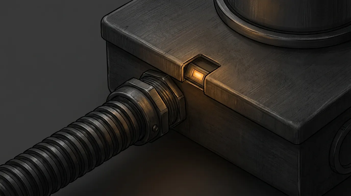 Illustrated close-up where conduit meets a panel edge, texture and geometry only